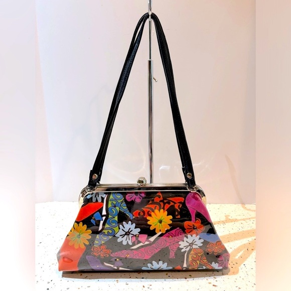 VTG Y2K Plastic Covered Floral & Crystal Fabric w Clasp Lock Shoulder Bag Purse - Picture 9 of 13